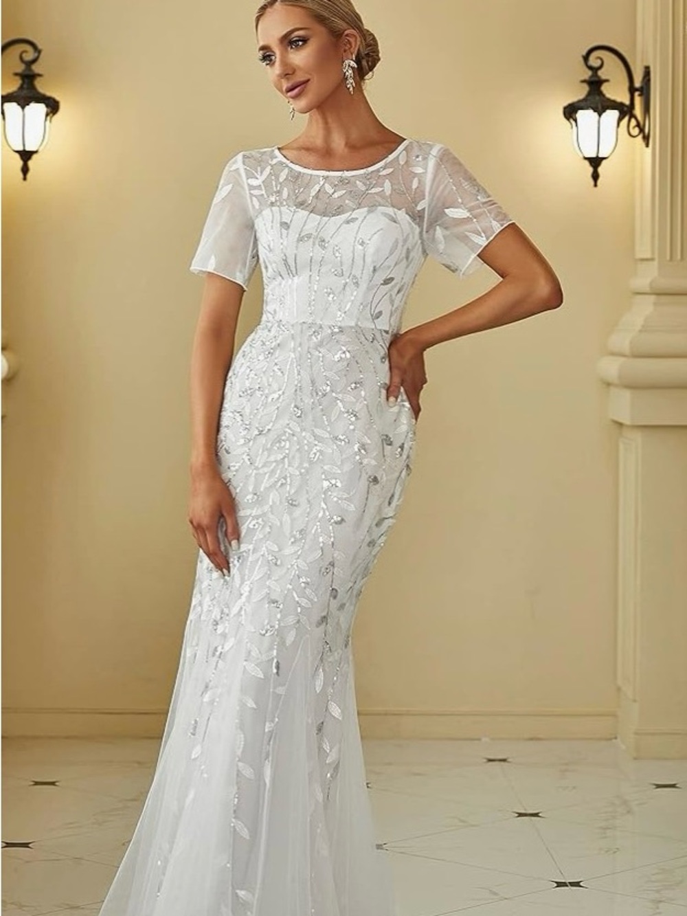 Ever Pretty White V-Neck Tulle Gown with Silver Leaf Embroidery